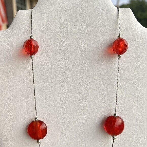 RED AND SILVER BEADED OPERA NECKLACE 26 in + 2.5 in ext - Picture 2 of 6